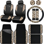 CAR PASS Leopard Print Faux Leather Car Seat Covers & Leopard Car Mats&Leopard Steering Wheel Cover Seat Belt Pad Universal C