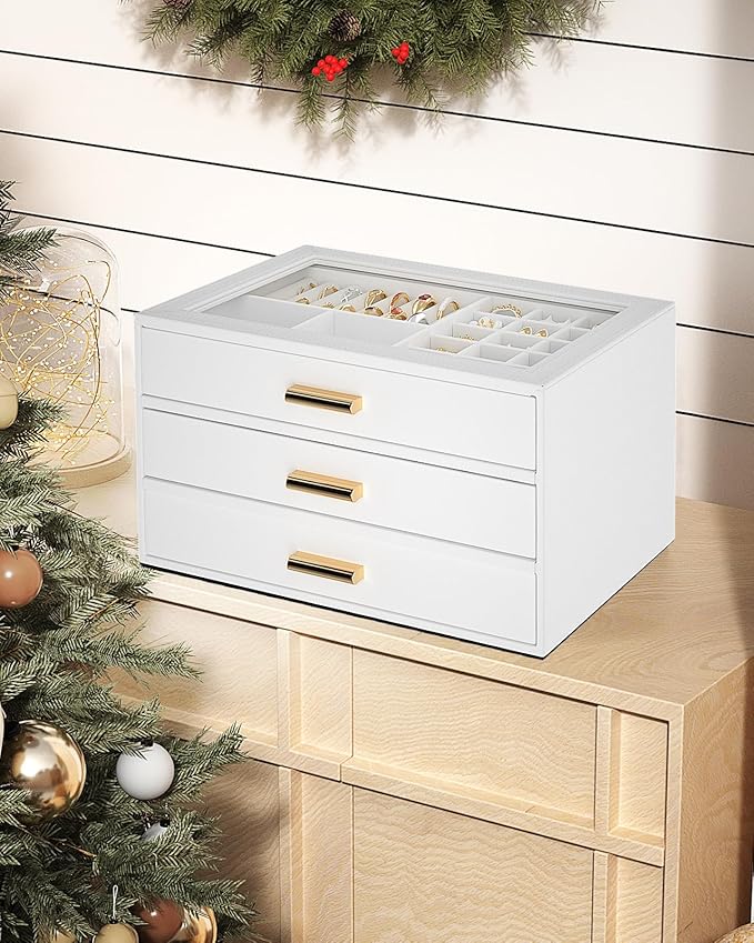 AKOZLIN Jewelry Box with Clear Lid Functional Leather Jewelry Storage Organizer Case 3 Drawers for Women Girls Necklace Ring 
