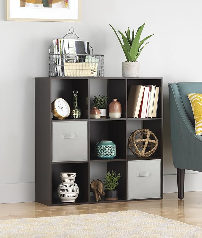 Whitmor 9 Cube Storage Organizer, 3 Tier Stackable Mdf Wood Bookcase, Open Storage Display Bookshelf, Storage Cabinet for Liv