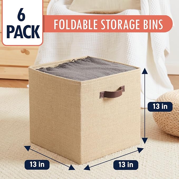 Ornavo Home 13 x 13 Storage Cube Bins, 6 Pack Jute Baskets, Fabric Storage Bins Shelf Basket Cube Organizer for Closet Foldab