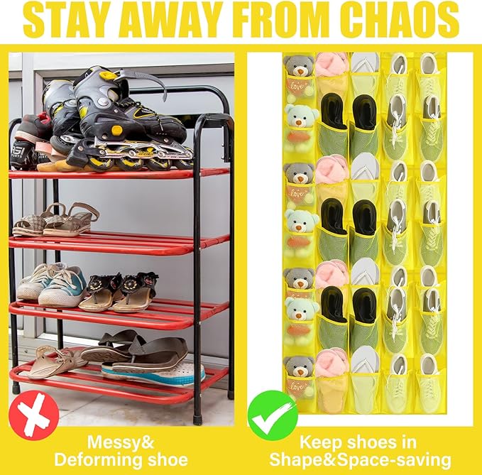 Windyun 40 Over the Door Shoe Organizer Large Mesh Pocket Hanging Shoe Rack for Closet Yellow Nonslip Behind Door Storage Hol