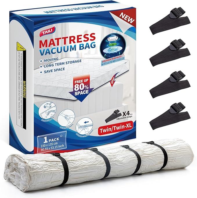 TAILI Mattress Vacuum Storage Bag, Twin/Twin-XL Foam Mattress Vacuum Bag with 4 Straps, Sealable Bag for Memory Foam, Latex, 