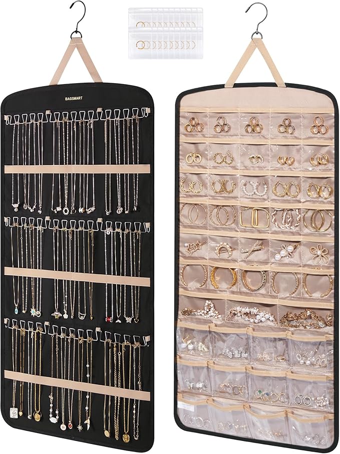 BAGSMART Hanging Jewelry Organizer, Necklace Holder Anti-tangle Earrings Rings Hanger with Pockets Hang on Closet, Wall, Door