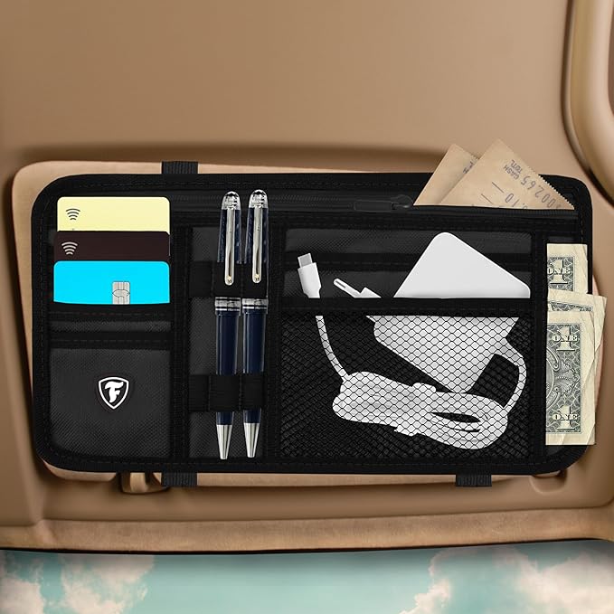 Firestone Car Sun Visor Organizer | 8 Compartment Visor Organizer for Car and Truck with Sunglasses, License, Registration Holder and Slots, Black