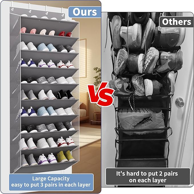TAHAVICE 30 Pairs Over The Door Shoe Organizer, 10-Tier Hanging Shoe Rack with Deep Pocket for Closet, Extra Large Shoe Stora