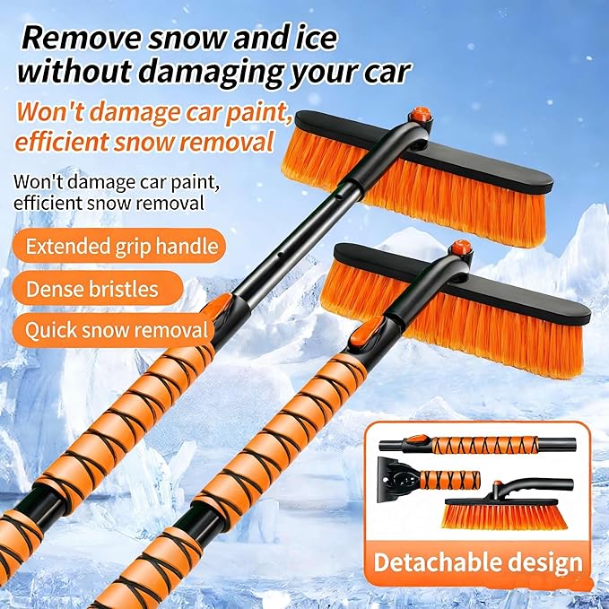 39" Extendable Snow Brush with Ice Scraper & Squeegee for Car Windshield,Rotating Auto Snow Brush with Foam Grip,Heavy Duty Car Snow Brush and Ice Scraper Combo for Truck SUV,Orange