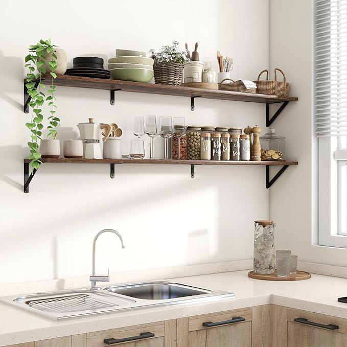 Axeman 55 Inch Floating Shelves | 8 Inch Deep Brown Wall Shelves Set of 2 | 55" W x 8" D Rustic Brown Wood Shelves for Bathro
