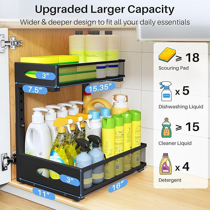 Under Sink Organizer, 2 Pack 2 Tier Pull Out Under Cabinet Organizer Shelf with Pad for Framed Cabinets, Metal Slide Out Unde