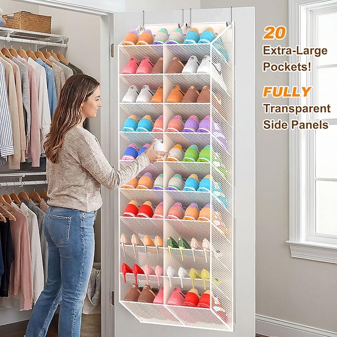 20-30 Pairs Over the Door Shoe Organizer, Breathable Mesh Pocket Hanging Shoe Storage for Closet, 10-Tier Door Shoes Rack, Ha