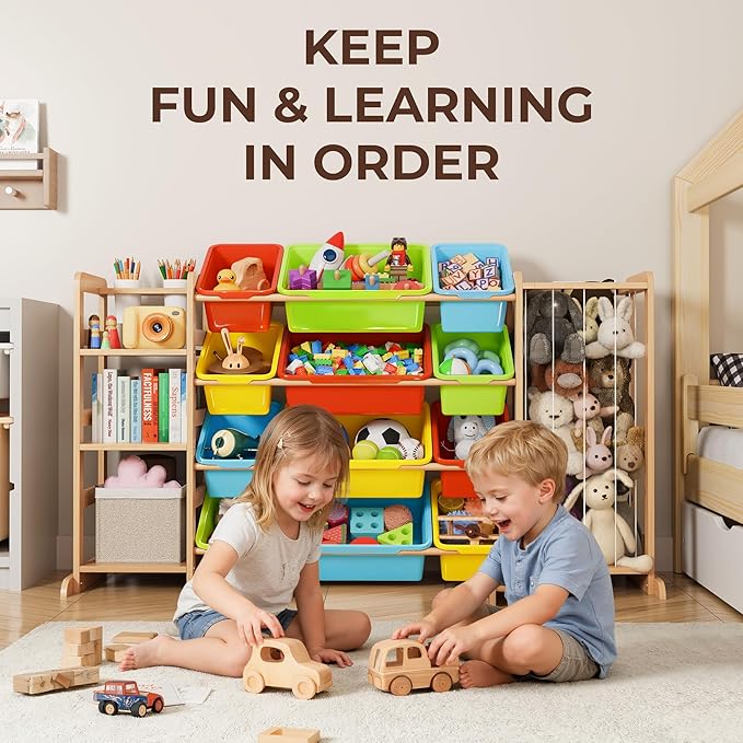 mirolam Storage Organizer with Bookshelf and Stuffed Animal Storage - Playroom Organization with Shelves and 12 Bins - Living