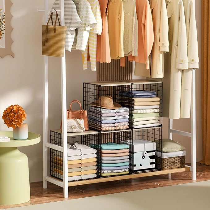 Taller Closet Organizers and Storage with Wood Top, Set of 3 Stackable Wire Storage Bins for Clothes, Bags, Towels, Double St