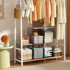 Taller Closet Organizers and Storage with Wood Top, Set of 3 Stackable Wire Storage Bins for Clothes, Bags, Towels, Double St