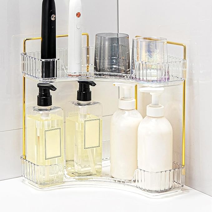Corner Bathroom Counter Organizer Bathroom Countertop Shelf Makeup Organizer for Vanity Perfume Tray for Corner Storage (2 Ti