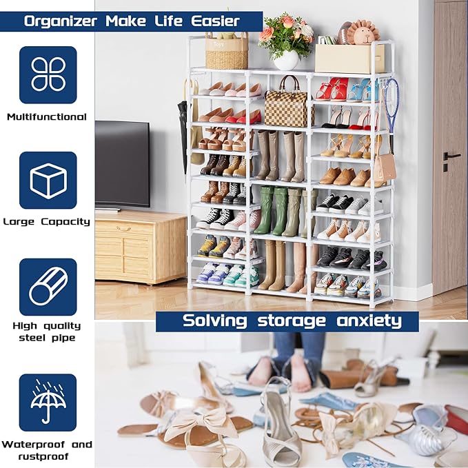 Mavivegue 9 Tiers Shoe Rack Tall Shoe Organizer Shoe Storage 50-55 Pairs Vertical Shoe Shelf Large Shoe Rack Organizer Stacka