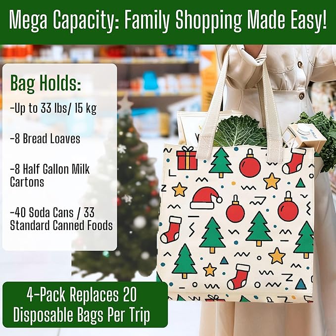 VENO 4 Pack Reusable Grocery Bags, Heavy-Duty Shopping Bags with Handles, for Shopping Cart with Hard Bottom to Stand Upright, Foldable (Jingle Mix, 4 Pack)