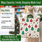 VENO 4 Pack Reusable Grocery Bags, Heavy-Duty Shopping Bags with Handles, for Shopping Cart with Hard Bottom to Stand Upright, Foldable (Jingle Mix, 4 Pack)