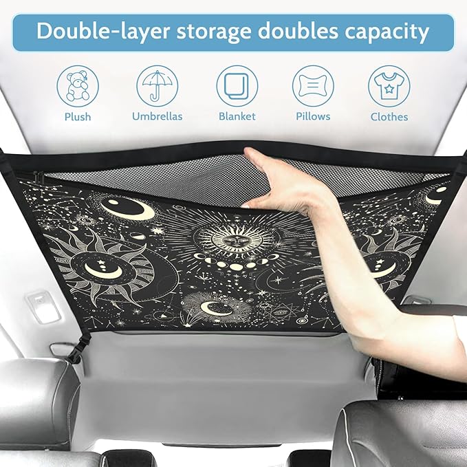 Planet Car Ceiling Cargo Net Pocket Hanging Storage Bag with Zipper 31.5"x21.6" Double-Layer Mesh Car Roof Storage Organizer Long Road Trip Truck SUV Travel Camping