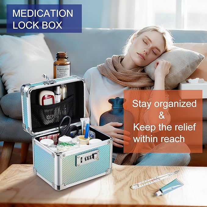 Adazzo Lockable Medicine Storage Box - Shiny Turquoise Cabinet Med Lock Organizer, 7 * 5.25 * 5.75 Inches Safe Case with Comb