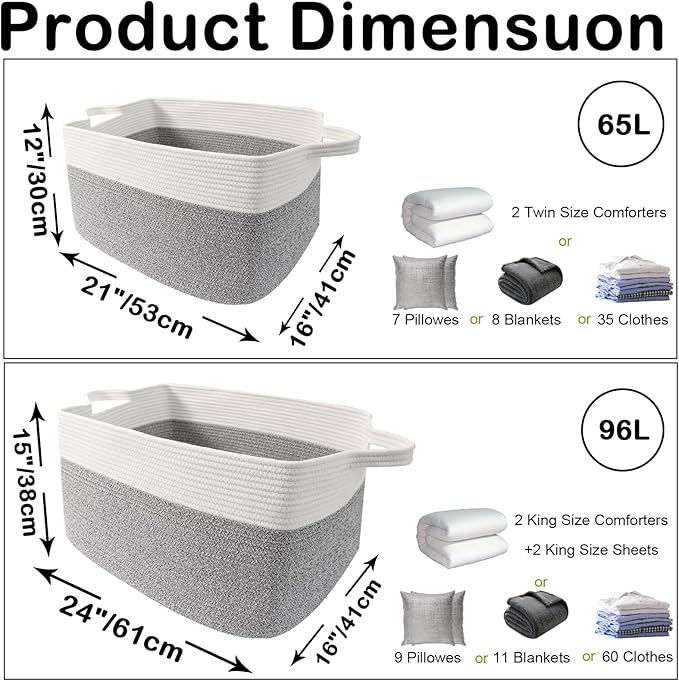 65L Large Blanket Basket,21"x16"x12" Rectangle Storage Bin with Handles,Woven Rope Laundry Basket for Toys, Clothes,Pillows,M