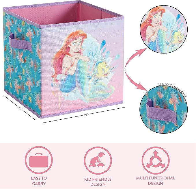Disney Little Mermaid Storage Cubes,Set of 2 Spacious Collapsible Bins with Handles, Kids Toy Organizer for Bedroom & Playroo