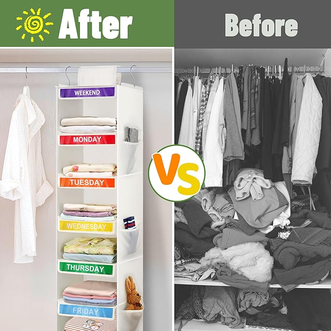 6-Shelf Weekly Clothes Organizer for Kids, Hanging Daily Closet Organization with 6 Side Pockets, Days of The Week Clothing D