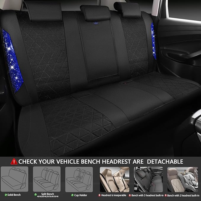 CAR PASS Oxford Bling Diamond Car Seat Covers Full Set Interior Sets, Waterproof Shining Glitter Sparkly Crystal Universal Armrest Fit 95% Automotive Truck SUV Cute Women Girl, Black Blue Rhinestone