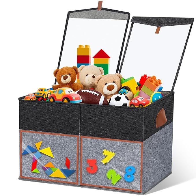 1 Pack Large Toy Storage Box with Clear Lids Collapsible Toy Organizer Chest with Adjustable Dividers Kids Storage Bin Basket