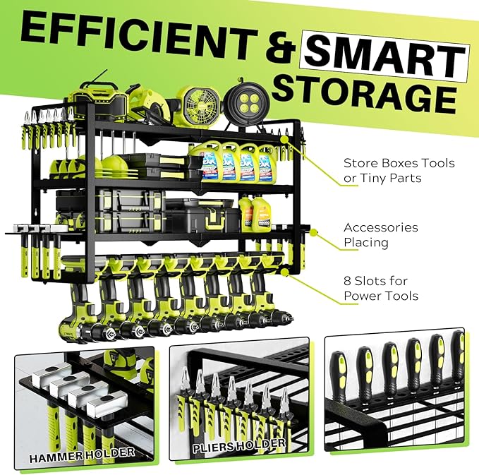Hipidian Power Tool Organizer Wall Mount - Storage Rack with 4 Drill Holders for Drills Cordless Tools. Heavy Duty Iron Garag