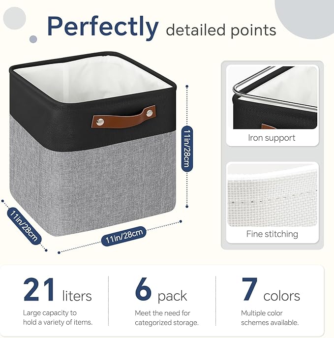 FinishingBo Cube Storage Baskets 6 Pack, 11x11 inch Cube Storage Bins with Leather Handles for Shelf Closet (Black/ Gray)
