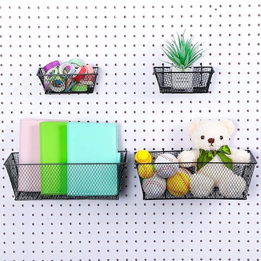 Sieral 4 Pcs Black Pegboard Baskets Metal Wire Shelf Baskets Peg Board Organizer Accessories Wall Mount Organizer Attachments
