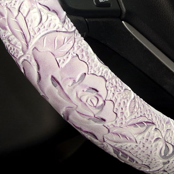 Car Steering Wheel Cover Universal 15 Inch Middle Size Auto Anti-Slip Leather Wheel Protector with Flower Grain Design White Style