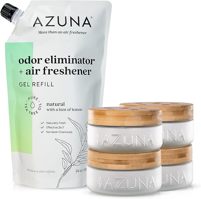 Azuna Air Freshener & Odor Eliminator for Strong Odor | 4 Room Kit Includes (4) 8 oz. Empty Luxe Glass Jars & 24oz Gel | Refi