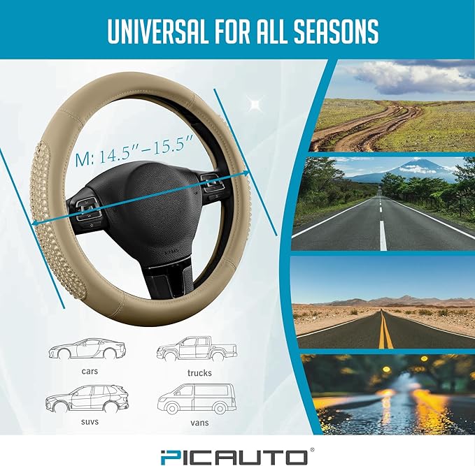PIC AUTO Steering Wheel Cover, Glitter Gel Particles & Beige Luxury Leather Car Steering Cover, Universal Fit 14.5"-15.5" Ant