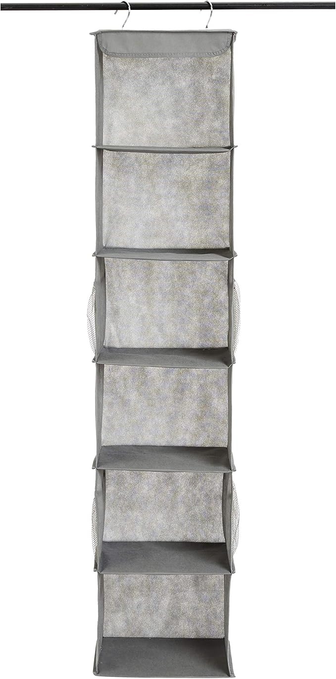 Amazon Basics 6-Tier Hanging Closet Shelf Organizer With Pockets, 8.5" D x 12" W x 9" H, Grey | Organizer, With Pockets