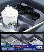 for Tesla Cup Holder Insert, 2-in-1 for Model Y Juniper(2025/2026)& Model 3 Highland(2024/2025) with Storage Compartment - Gr