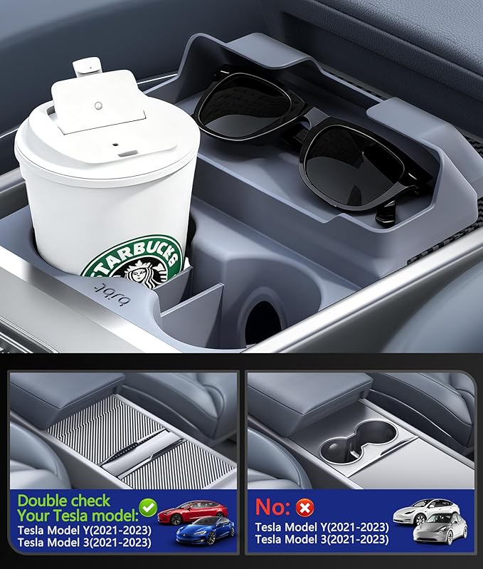 for Tesla Cup Holder Insert, 2-in-1 for Model Y Juniper(2025/2026)& Model 3 Highland(2024/2025) with Storage Compartment - Gr