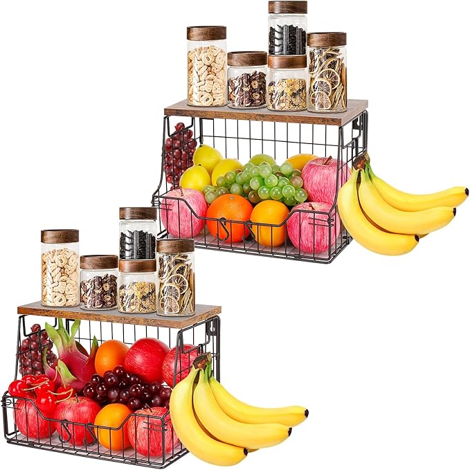Livabber Fruit Basket for Kitchen, Metal Fruit Vegetable Storage Bin with 2 Banana Hangers, Countertop Wire Basket Organizer 