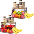 Livabber Fruit Basket for Kitchen, Metal Fruit Vegetable Storage Bin with 2 Banana Hangers, Countertop Wire Basket Organizer 
