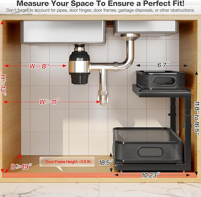 2-Pack 18.5 IN Depth Under Sink Organizer With Next-Gen Ball-Bearing Slides,Sophisticated Mesh 2-Tier Pull Out Shelf for Kitc