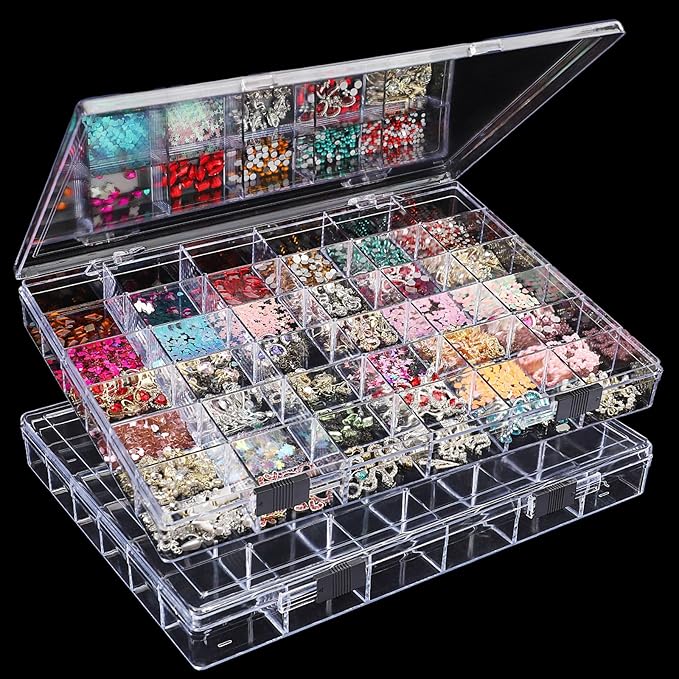 Noverlife 2 Pack 36 Grids Clear Plastic Organizer Box, Jewelry Craft Storage Container Bead Holder Nail Charm Organizer, Rock