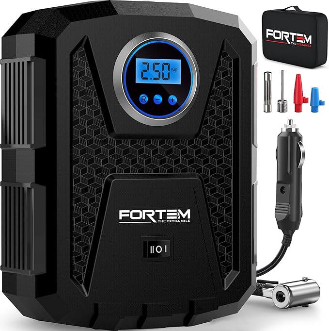 FORTEM Tire Inflator Portable Air Compressor, Air Pump for Car Tires and Bikes, Car Tire Pump w/Auto Shut Off, 150 PSI, 12V DC, LED Light, Carrying Case, for Men, Women