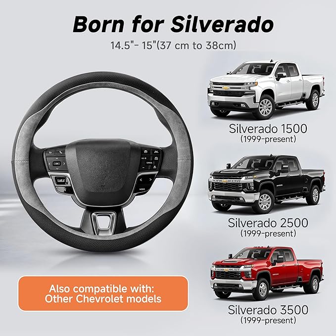 West Llama Customized Auto Car Steering Wheel Cover for Chevy Silverado 1500, 2500, 3500,14.5-15 inch (Gray - Standard Size)