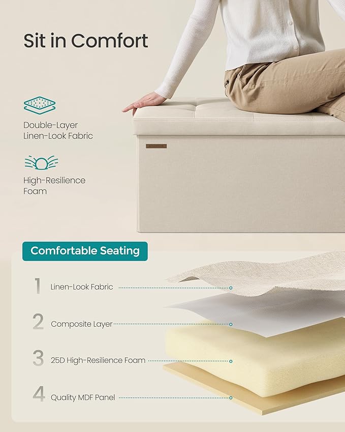 SONGMICS MAZIE Collection - 30 Inches Folding Storage Ottoman Bench, Ottoman Foot Rest, End of Bed Bench, Storage Chest, Load