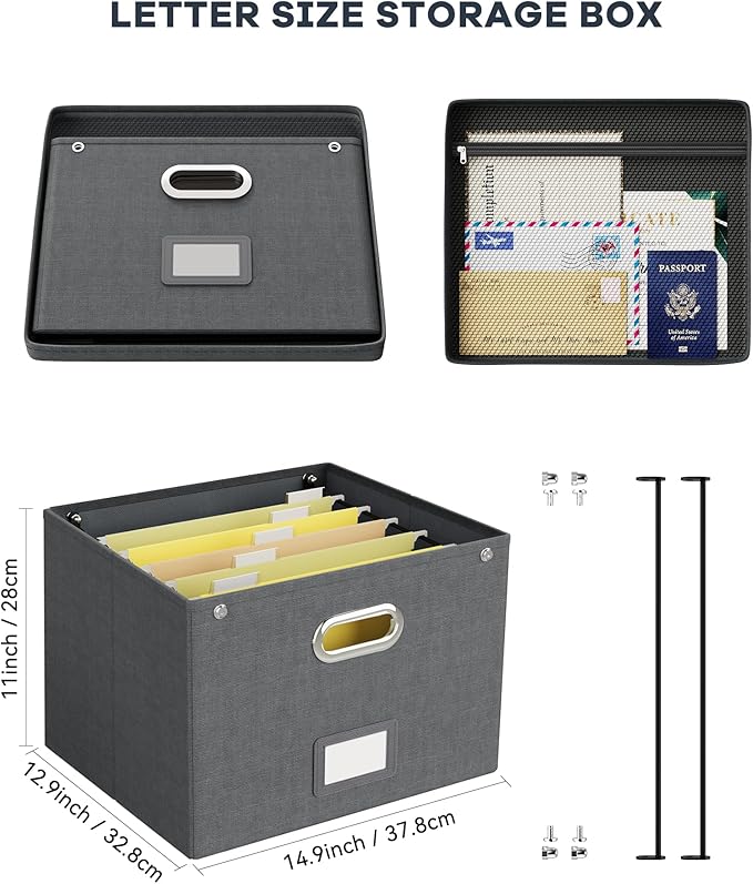 Oterri File Organizer Box with Lid,Large Hanging Filing Box with Mesh Pocket, Document Organizer for Letter Files, Portable S