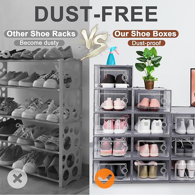 Kuject Large Shoe Organizers Storage Boxes for Closet, 12 Pack Clear Plastic Stackable Storage Bins with Lids, Under Bed Shoe