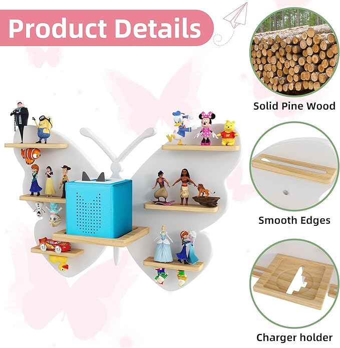 White Butterfly Tonie Shelf Wall Mounted - Tonies Wall Shelf for Toniebox, Charging Station, Magnetic Wood Display Floating S