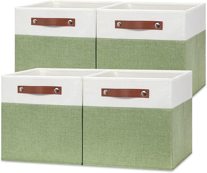 Temary 12 Inch Fabric Storage Cubes Storage Bins with Leather Handles, 4 Pack Cube Baskets Bins for Organizing Closet, Foldab