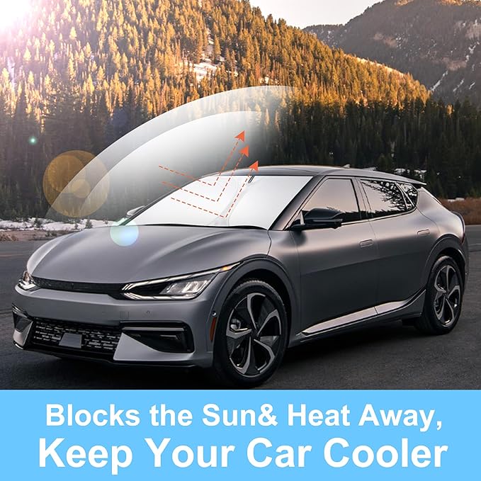 Front Windshield Sun Shade Foldable Car Front Window Sun Shade Windshield Shade Custom Fit for 2022-2026 Kia EV6 Block UV Rays Accessories Heat Keep Cooler