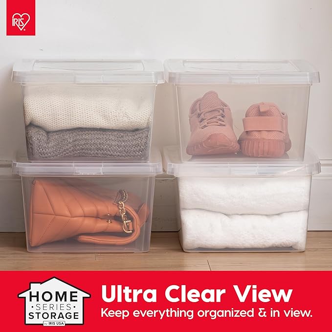 IRIS USA 4-Pack Storage Bins with Lids, 15 Quart, Shoe Boxes Clear Stackable Containers Organize Shoes Closet Shelves, Classr