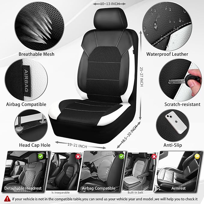 CAR PASS Universal Leather Car Seat Covers Full Set with Sporty Design, Breathable All Season Easy to Clean Anti-slip Wear-Re
